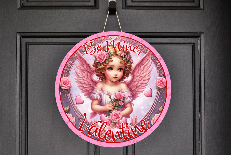 Be Mine Valentine Pink Cherub Angel  Wreath Sign