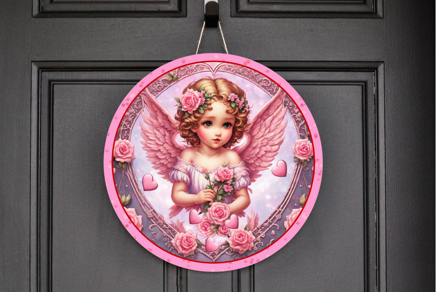 Pink Cherub Angel  Wreath Sign