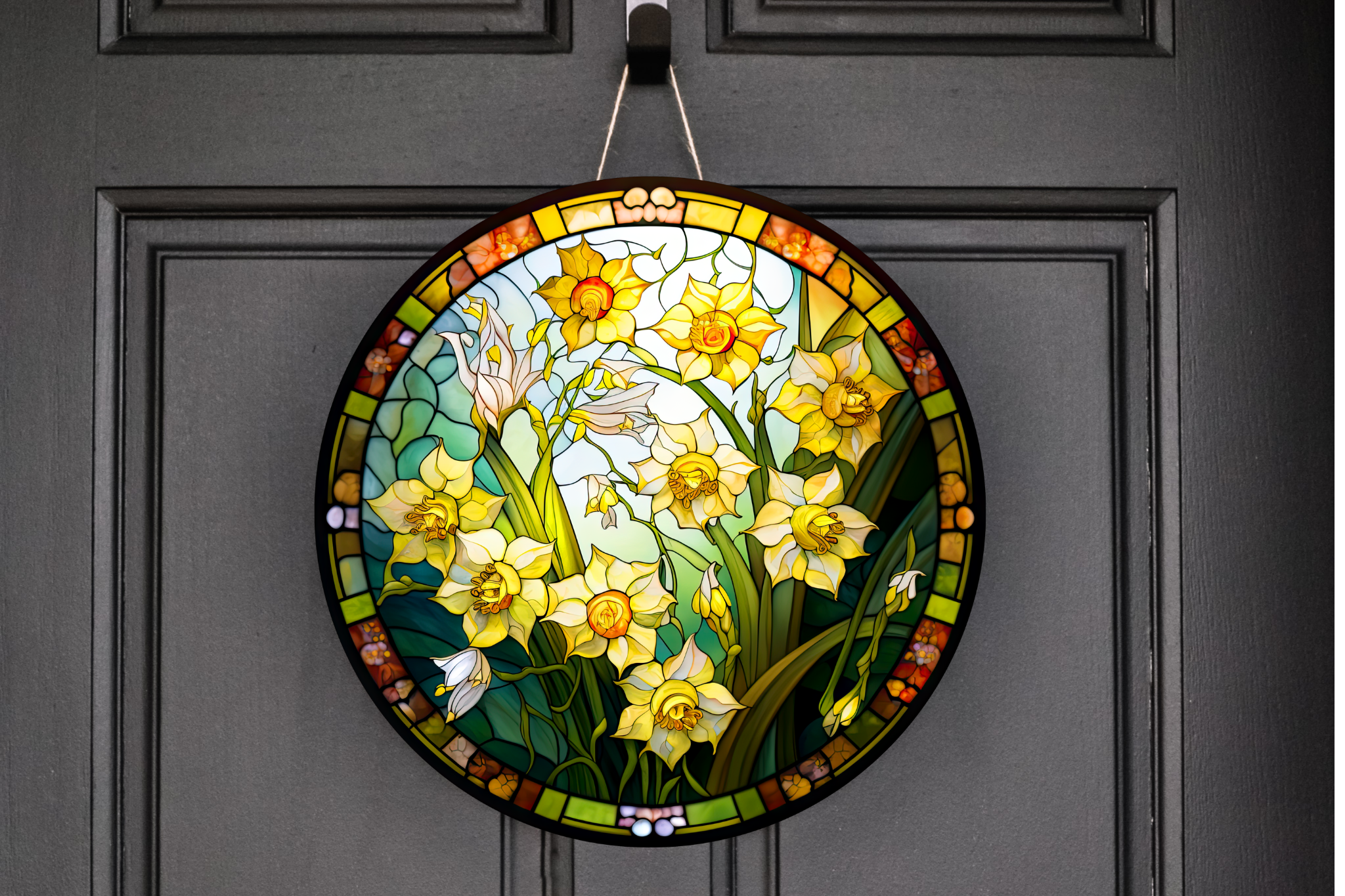 Stained Glass Daffodils Wreath Sign, Round Metal Sign, Door Hanger