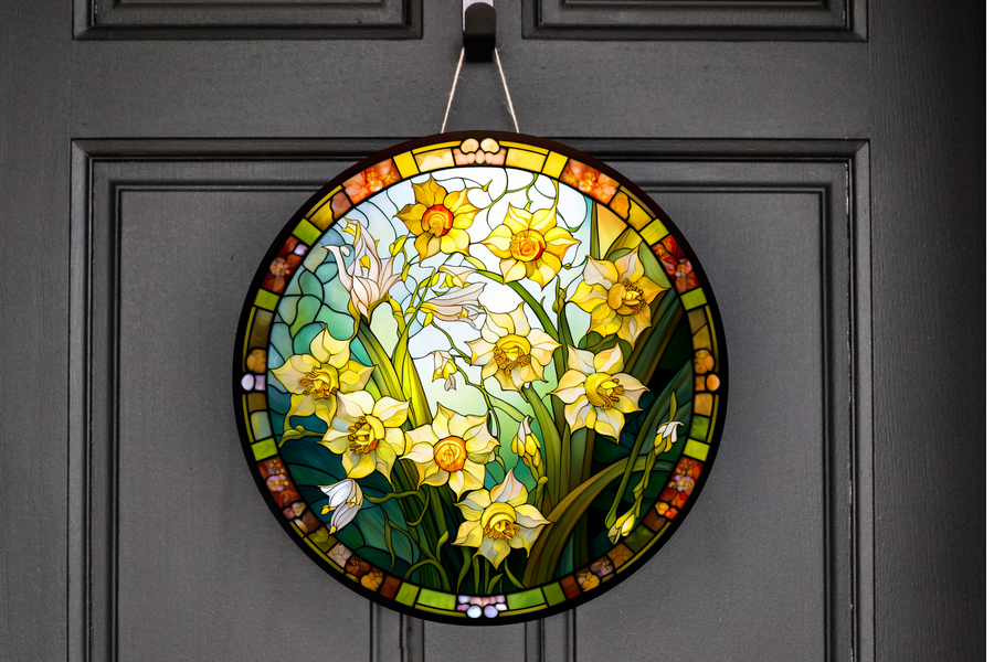 Stained Glass Daffodils Wreath Sign, Round Metal Sign, Door Hanger