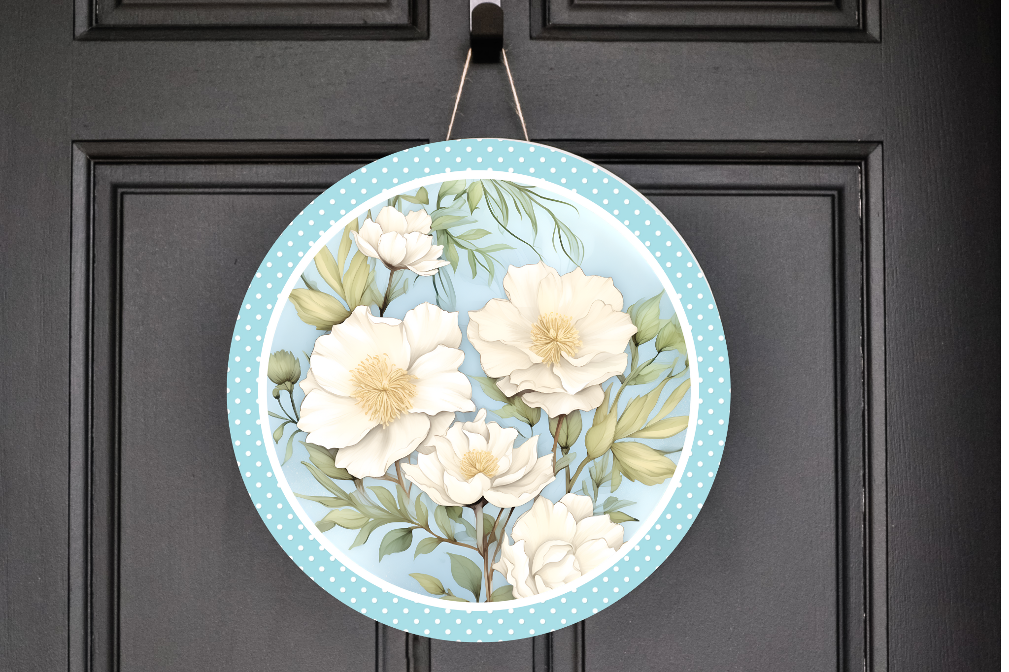 Blue with White Spring Flowers Wreath Sign, Round Metal Sign, Door Hanger