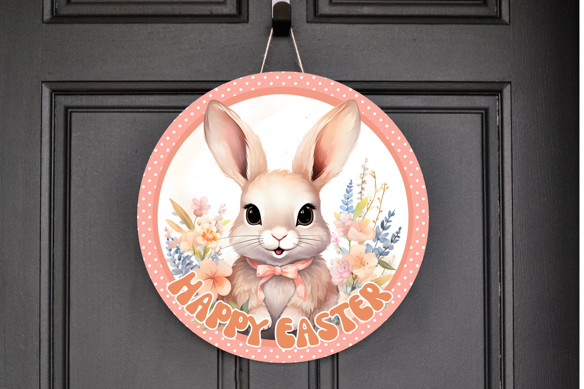 Happy Easter Pink Bunny Wreath Sign, Round Metal Sign, Door Hanger