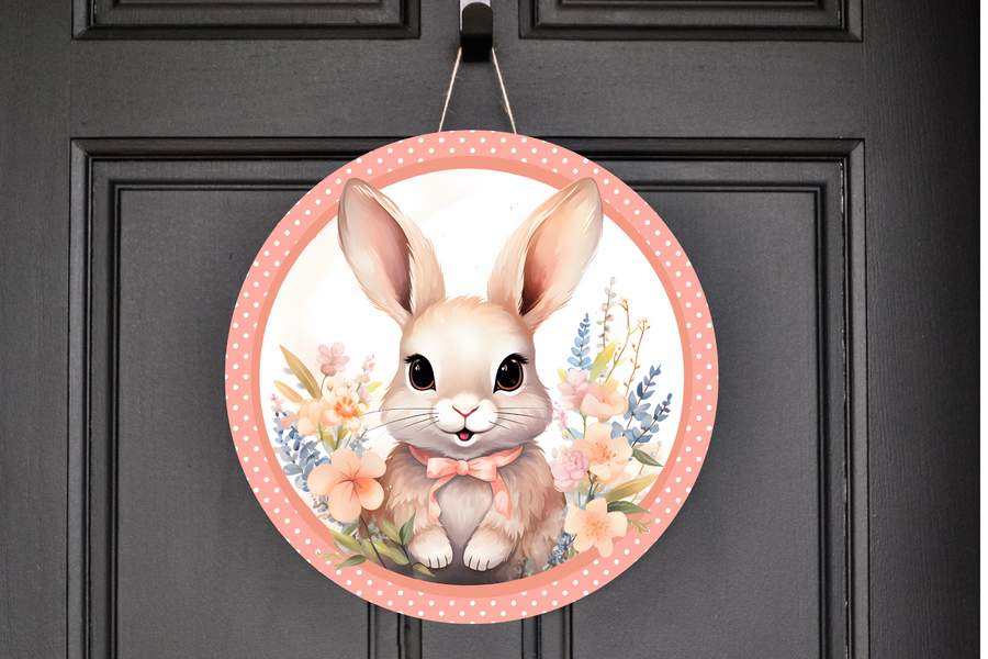 Pink Bunny Wreath Sign, Round Metal Sign, Door Hanger