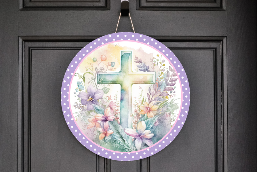 Lavender Watercolor Cross Wreath Sign