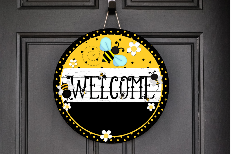 Black and Yellow Welcome Bee's Wreath Sign, Round Metal Sign, Door Hanger