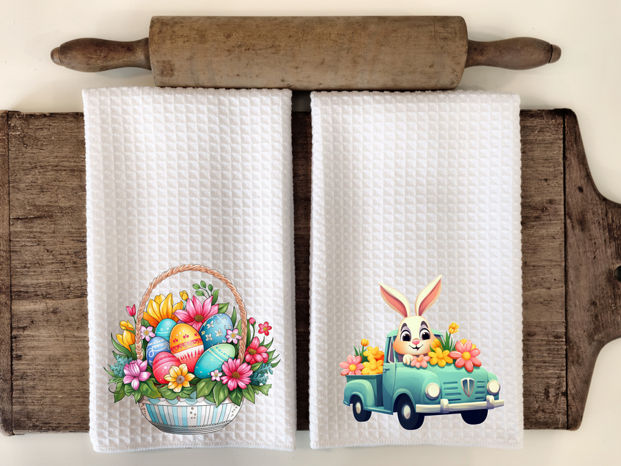 Easter Basket and Easter Bunny  Set of 2 Kitchen Towels