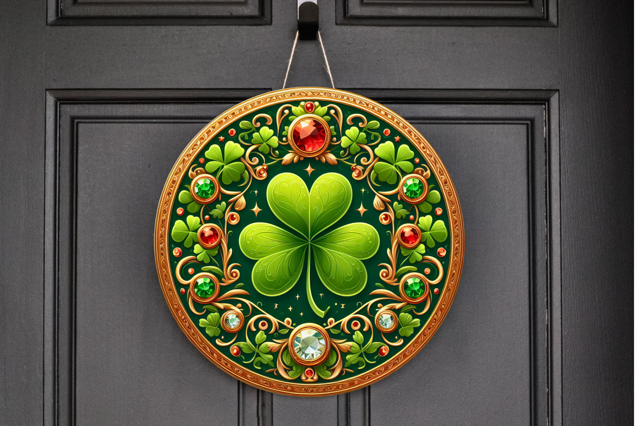 Shamrock Gemstone Wreath Sign, Round Metal Sign, Door Hanger