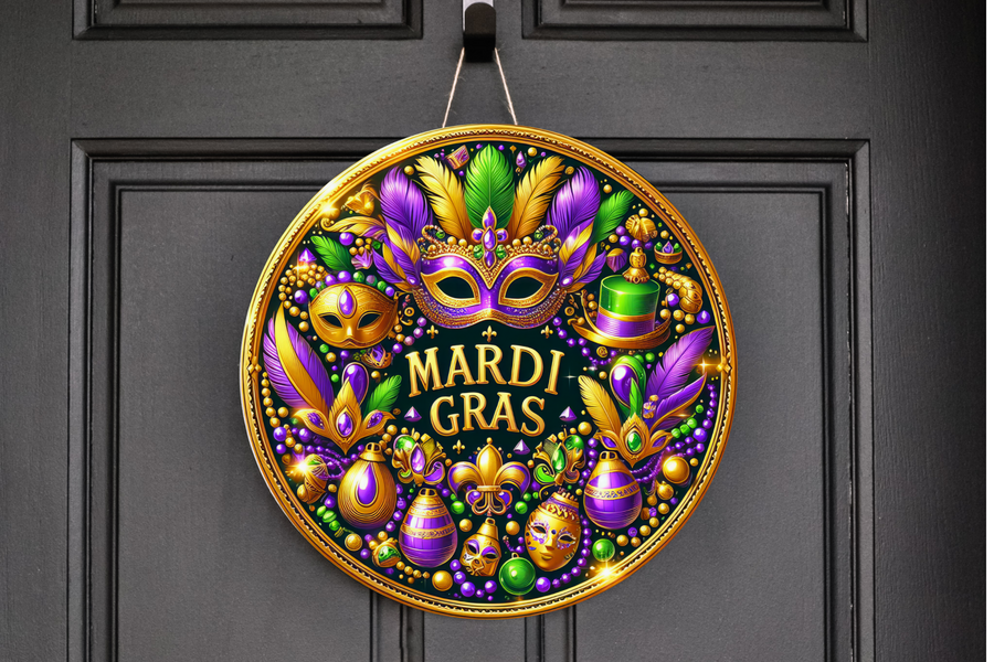 Mardi Gras Wreath Sign, Round Metal Sign, Door Hanger