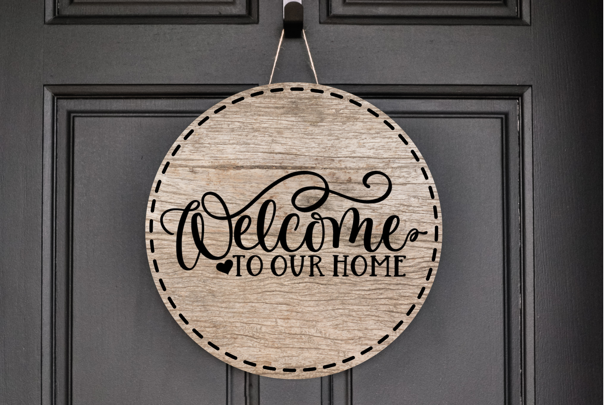 Welcome To Our Home Faux Wood Look Wreath Sign, Round Metal Sign, Door Hanger