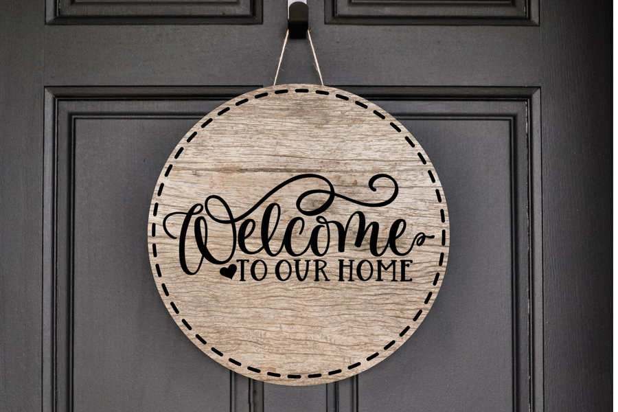 Welcome To Our Home Faux Wood Look Wreath Sign, Round Metal Sign, Door Hanger