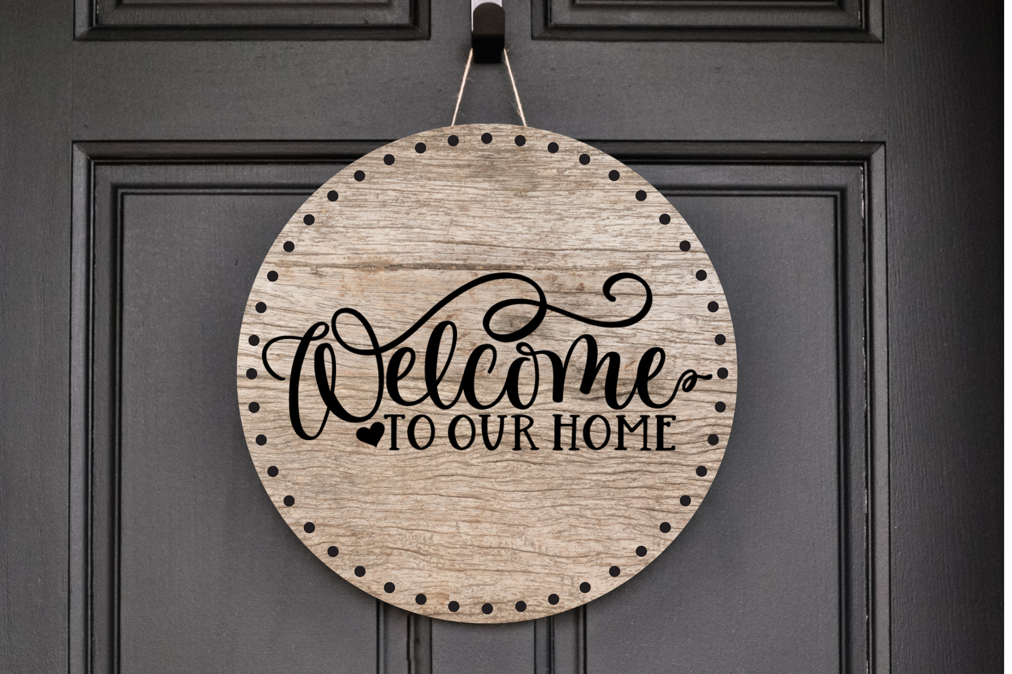 Welcome To Our Home Faux Wood Look Wreath Sign, Round Metal Sign, Door Hanger