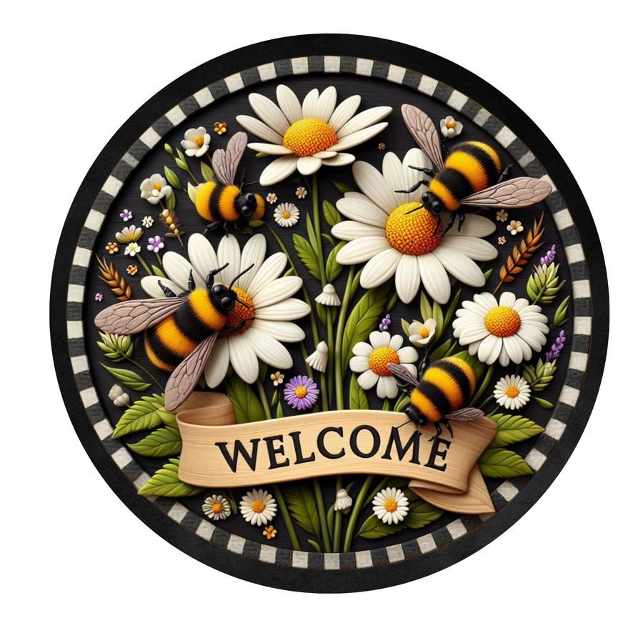 Welcome Sign with Bees and Daisies Wreath Sign, Round Metal Sign, Door Hanger