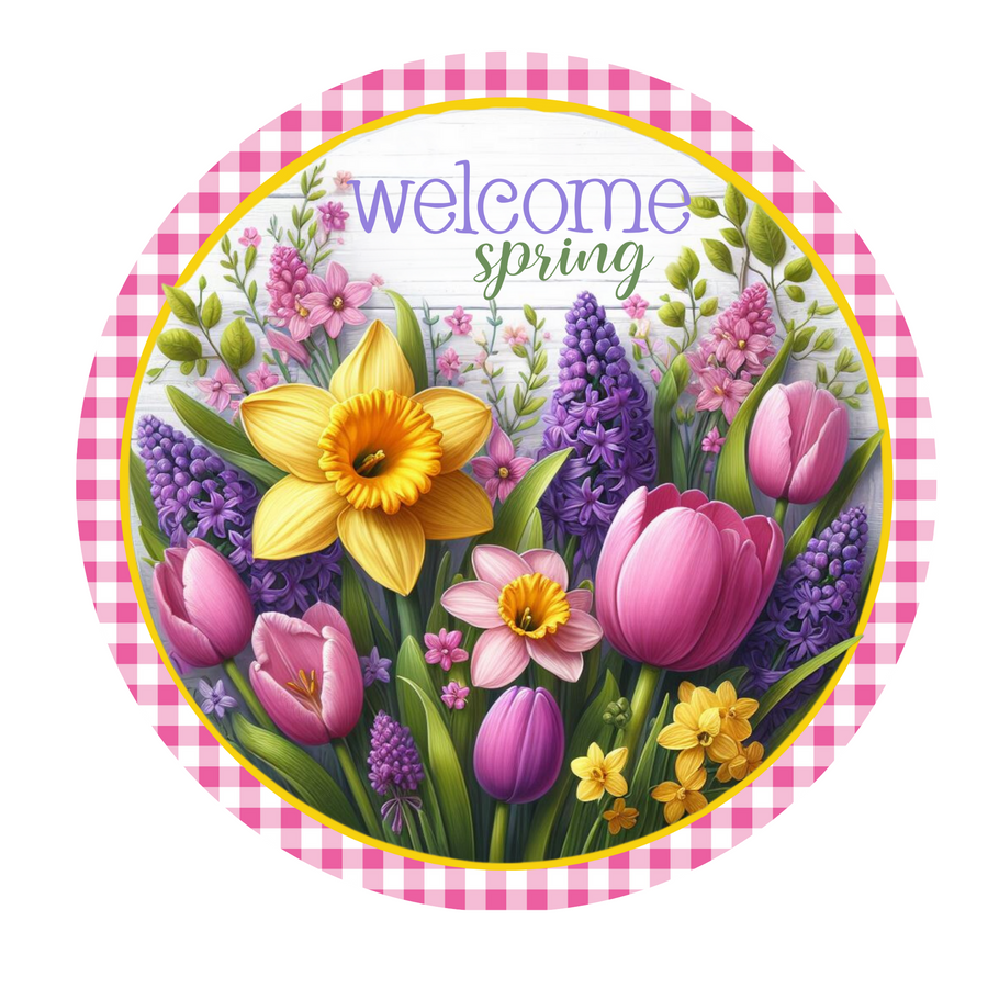 Welcome Spring with Tulips and Daffodils Wreath Sign, Round Metal Sign, Door Hanger