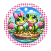 Welcome To Our Home Frog Couple Wreath Sign, Round Metal Sign, Door Hanger