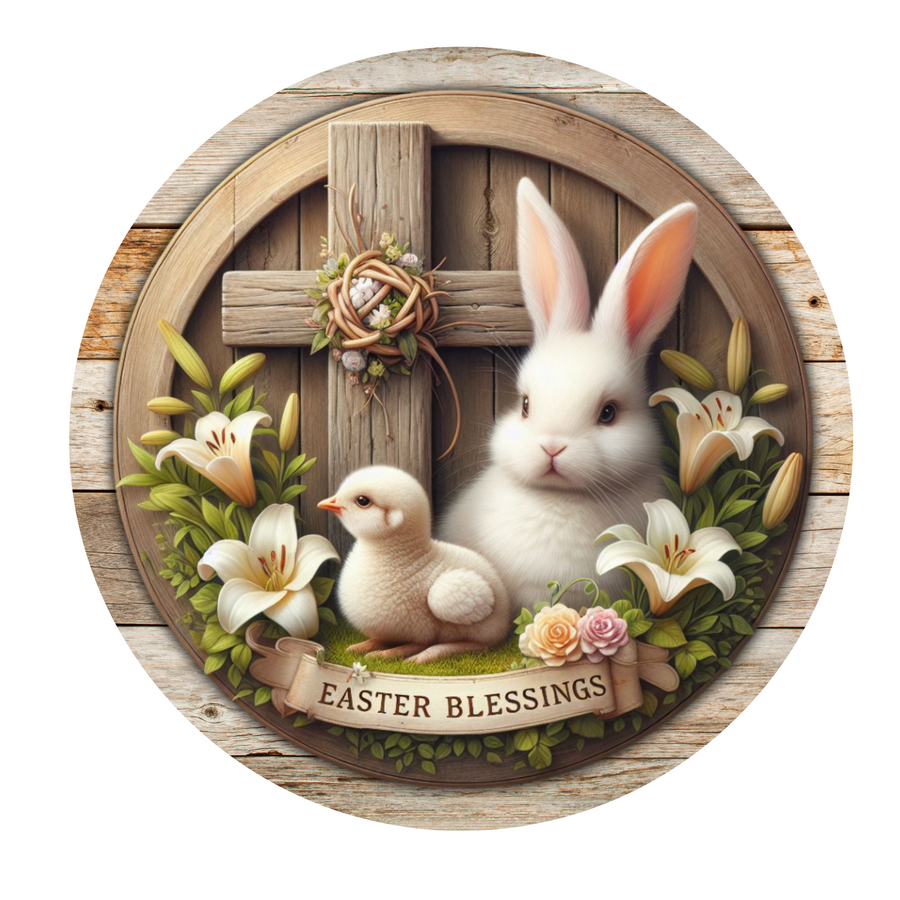 Easter Blessings Bunny and Chick Wreath Sign, Round Metal Sign, Door Hanger