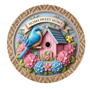 Home Sweet Home Bluebird Wreath Sign, Round Metal Sign, Door Hanger