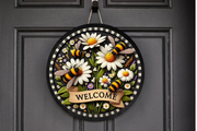 Welcome Sign with Bees and Daisies Wreath Sign, Round Metal Sign, Door Hanger