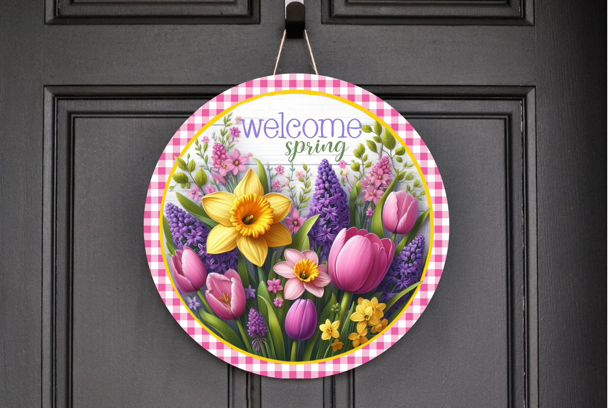 Welcome Spring with Tulips and Daffodils Wreath Sign, Round Metal Sign, Door Hanger