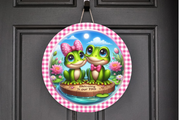 Welcome To Our Home Frog Couple Wreath Sign, Round Metal Sign, Door Hanger