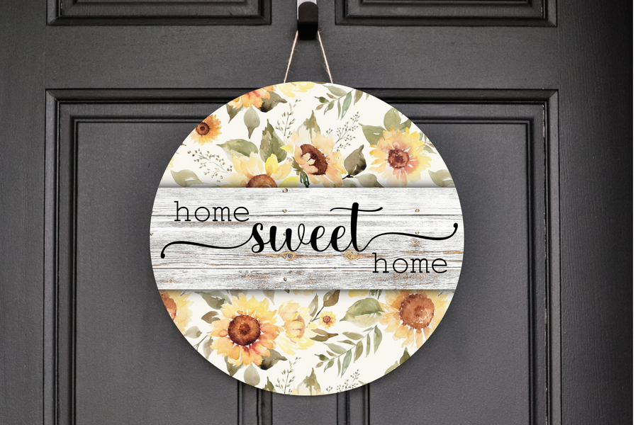 Home Sweet Home Sunflowers Wreath Sign, Round Metal Sign, Door Hanger