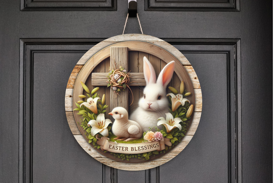 Easter Blessings Bunny and Chick Wreath Sign, Round Metal Sign, Door Hanger