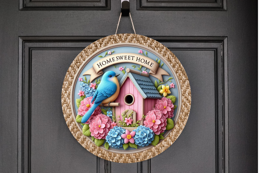 Home Sweet Home Bluebird Wreath Sign, Round Metal Sign, Door Hanger