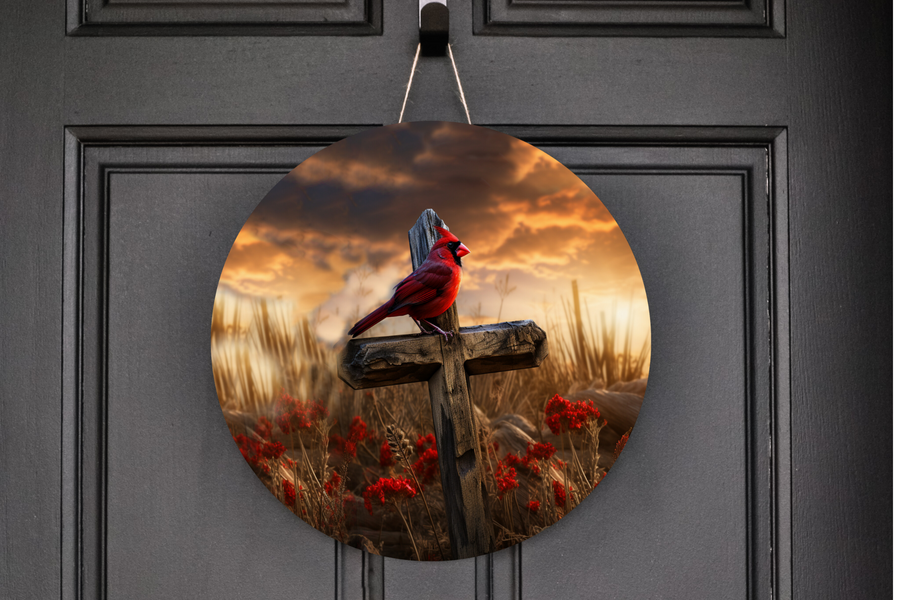 Cardinal On A Cross  Wreath Sign, Round Metal Sign, Door Hanger