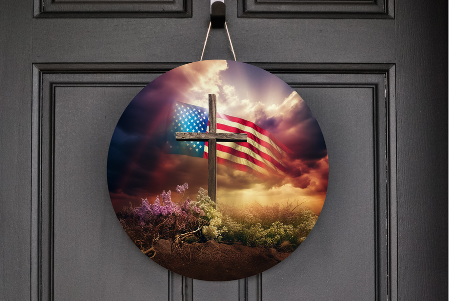 Cross With American Flag Wreath Sign, Round Metal Sign, Door Hanger