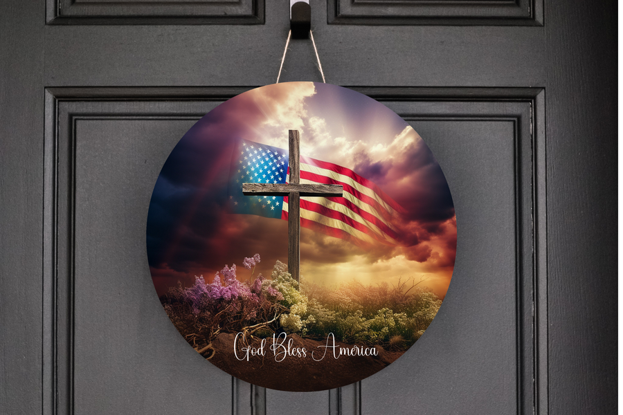 God Bless America Cross & American Flag  Wreath Sign, Round Metal Sign, Door Hanger