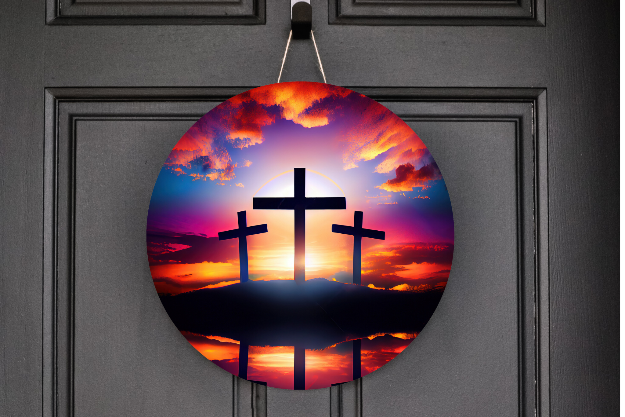 Three Crosses Wreath Sign, Round Metal Sign, Door Hanger