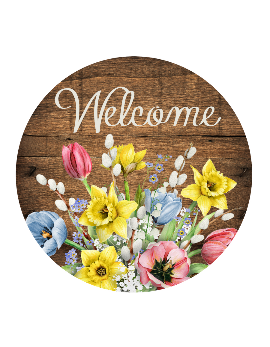 Welcome with Spring Flowers Wreath Sign, Round Metal Sign, Door Hanger