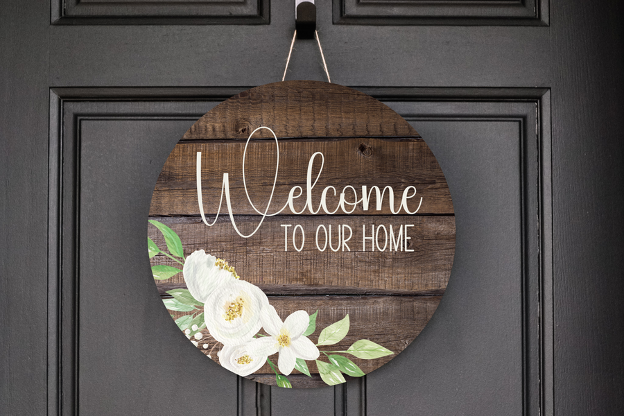 Welcome To Our Home Faux Wood Magnolias Wreath Sign, Round Metal Sign, Door Hanger