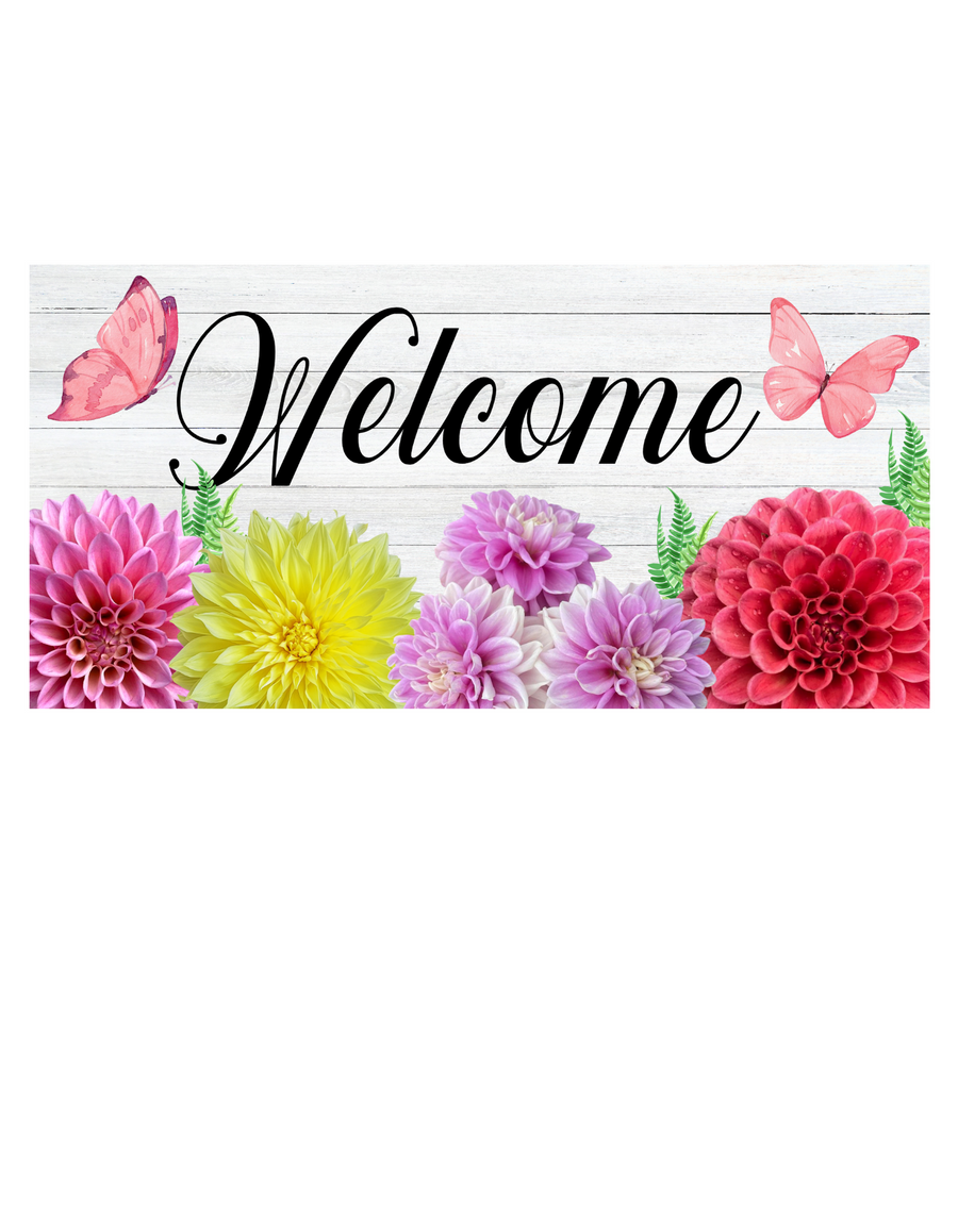 Welcome with Butterflies and Flowers 12" x6" Wreath Sign,Rectangle Metal Sign,