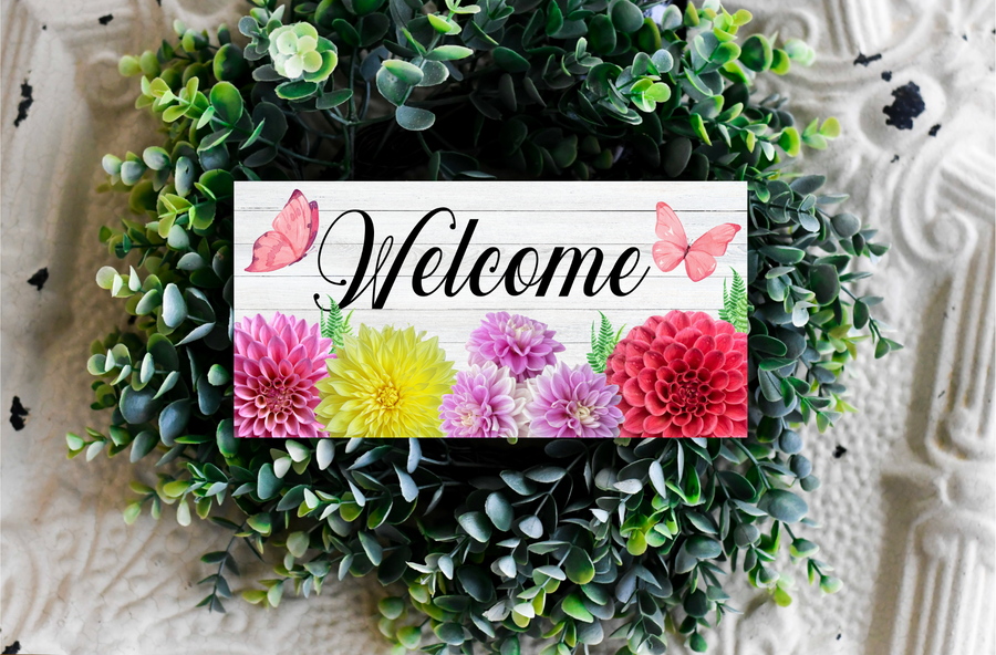 Welcome with Butterflies and Flowers 12" x6" Wreath Sign,Rectangle Metal Sign,