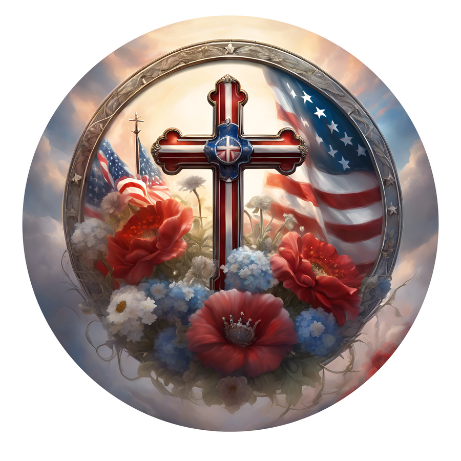 American Flag Cross  Wreath Sign, Round Metal Sign, Door Hanger