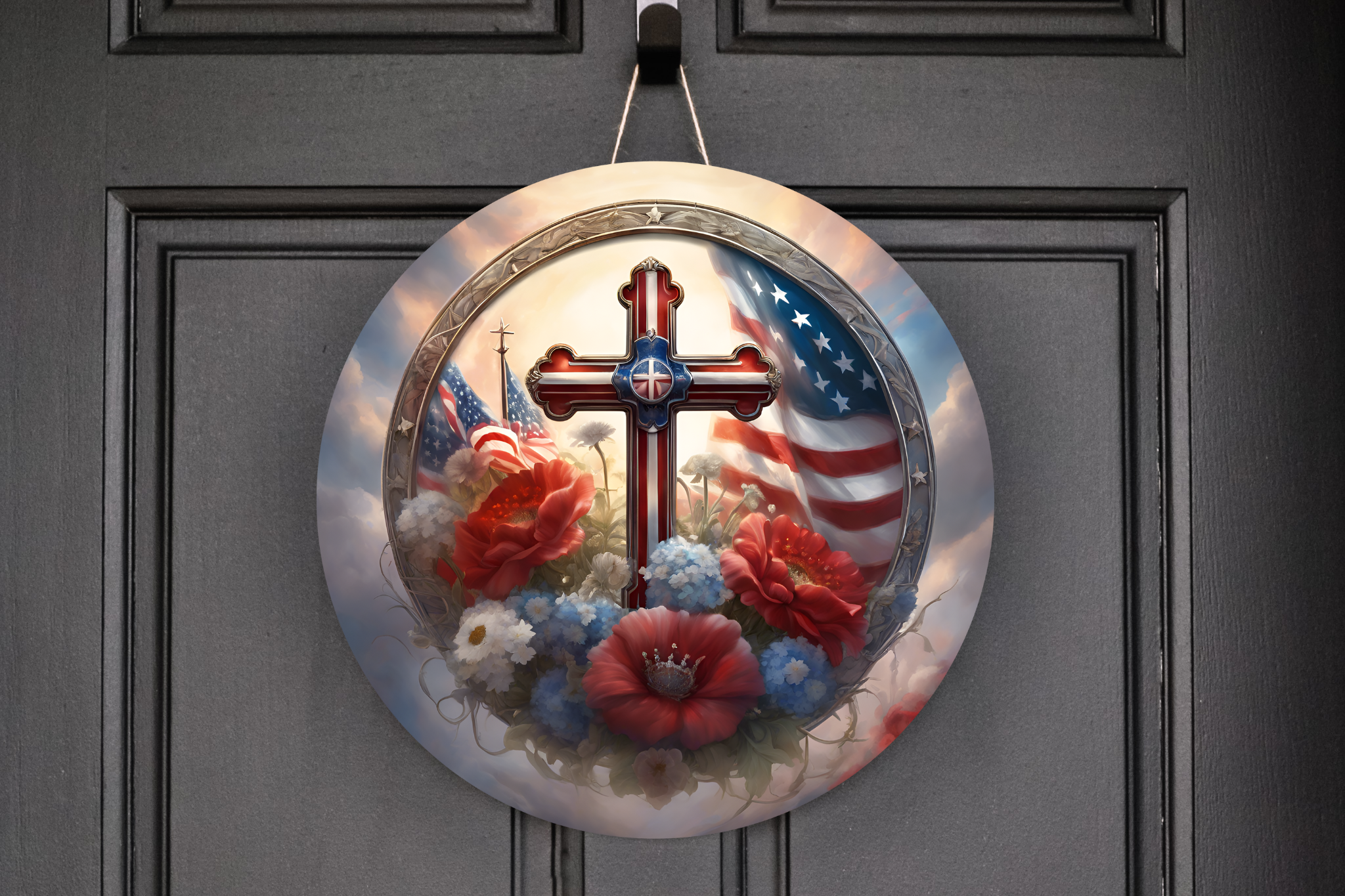 American Flag Cross  Wreath Sign, Round Metal Sign, Door Hanger