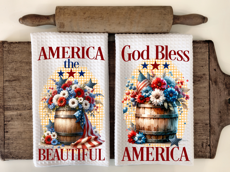 God Bless America Set Of 2 Hand Dish Tea Kitchen Towel, Kitchen Gift Decor,Patriotic,4th of July, America The Beautiful