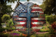 Cross American Flag 10 Inch Double Sided Metal Wind Spinner-Yard Art-Mothers Fathers Day Gift, Christian Religious Gift