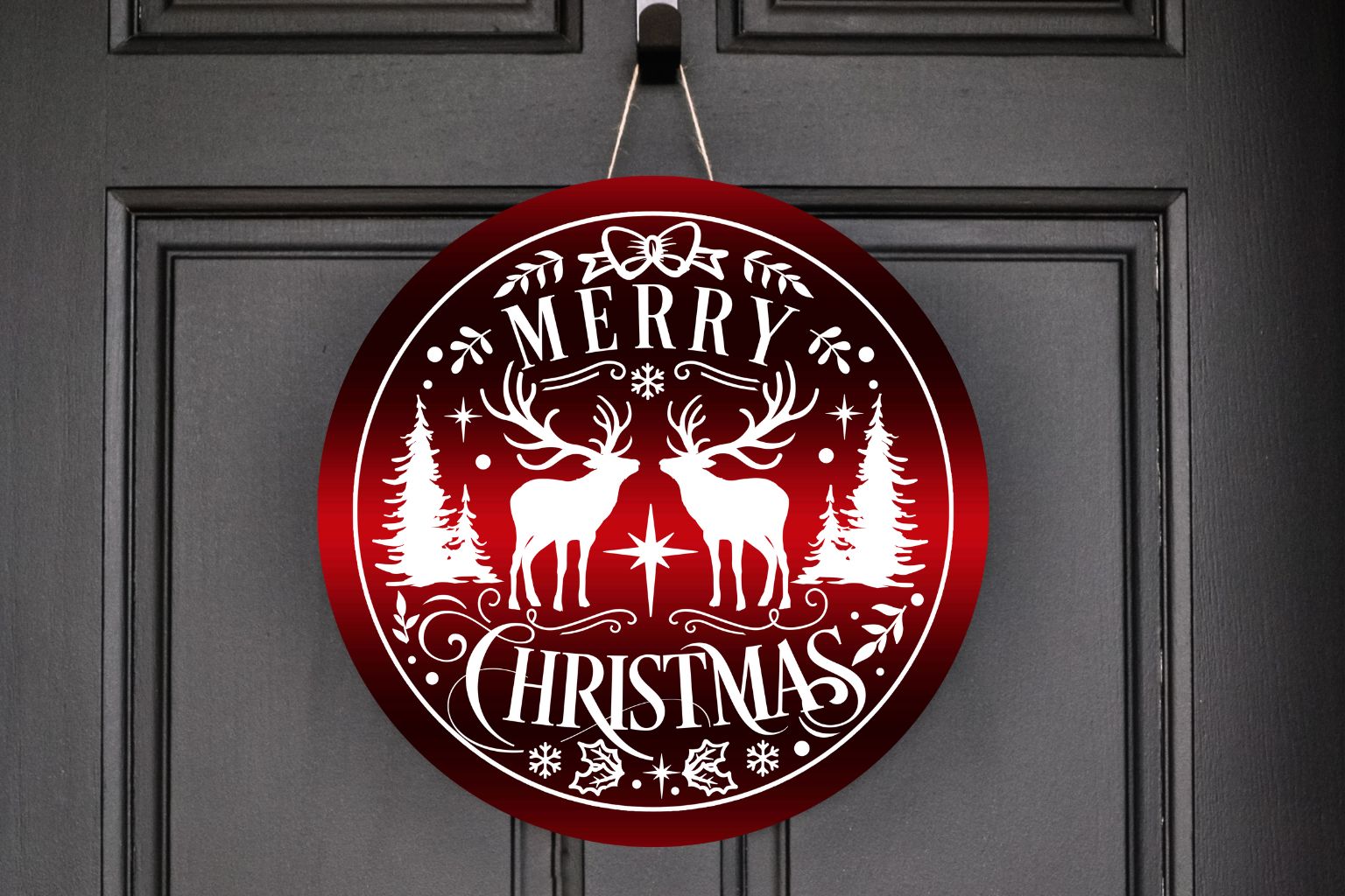 Red Merry Christmas with Reindeer Wreath Sign