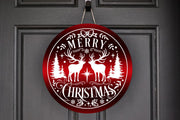 Red Merry Christmas with Reindeer Wreath Sign