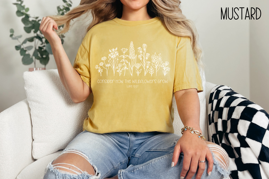 Consider How The Wildflowers Grow Bible Verse Shirt-Christian Religious Apparel-Gift for Her-Comfort Colors TShirt