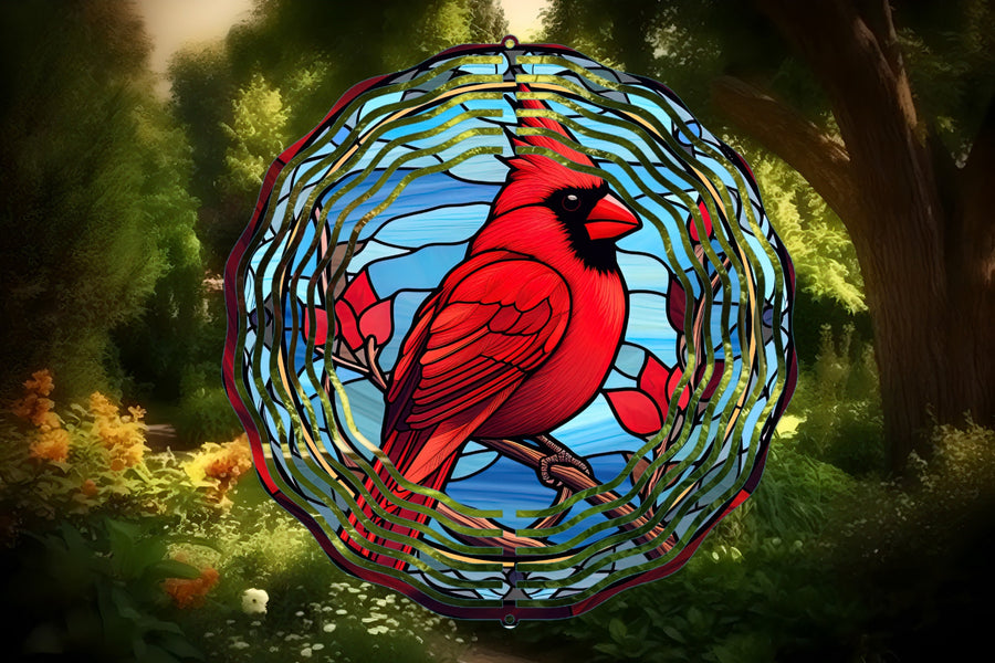 Stained Glass Cardinal Wind Spinner, 10" Metal Double Sided Wind Spinner, Yard Art- Housewarming, Mothers Day, Christmas Gift