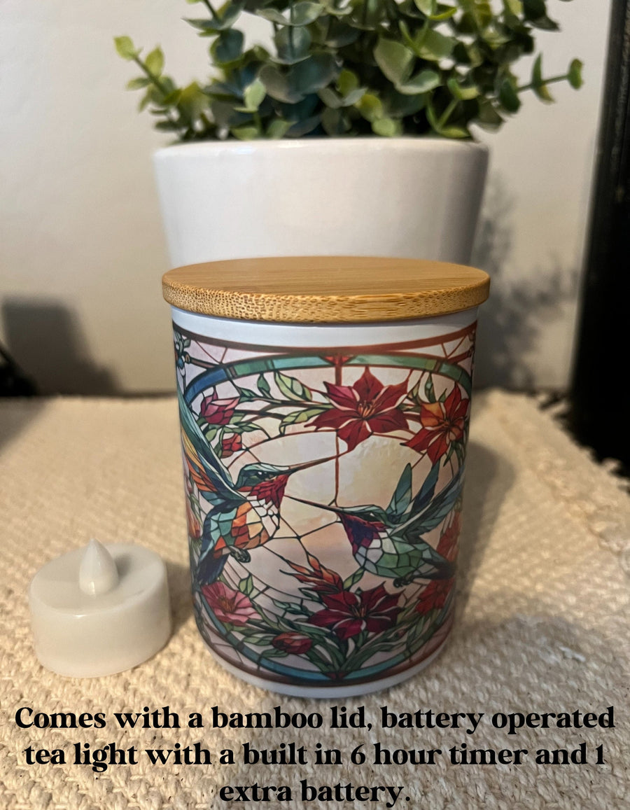 Stained Glass Hummingbird Candle jar with tea light. Candle Holder-Votive Candle Holder,Battery Operated Tea Light Holder, trinket jar