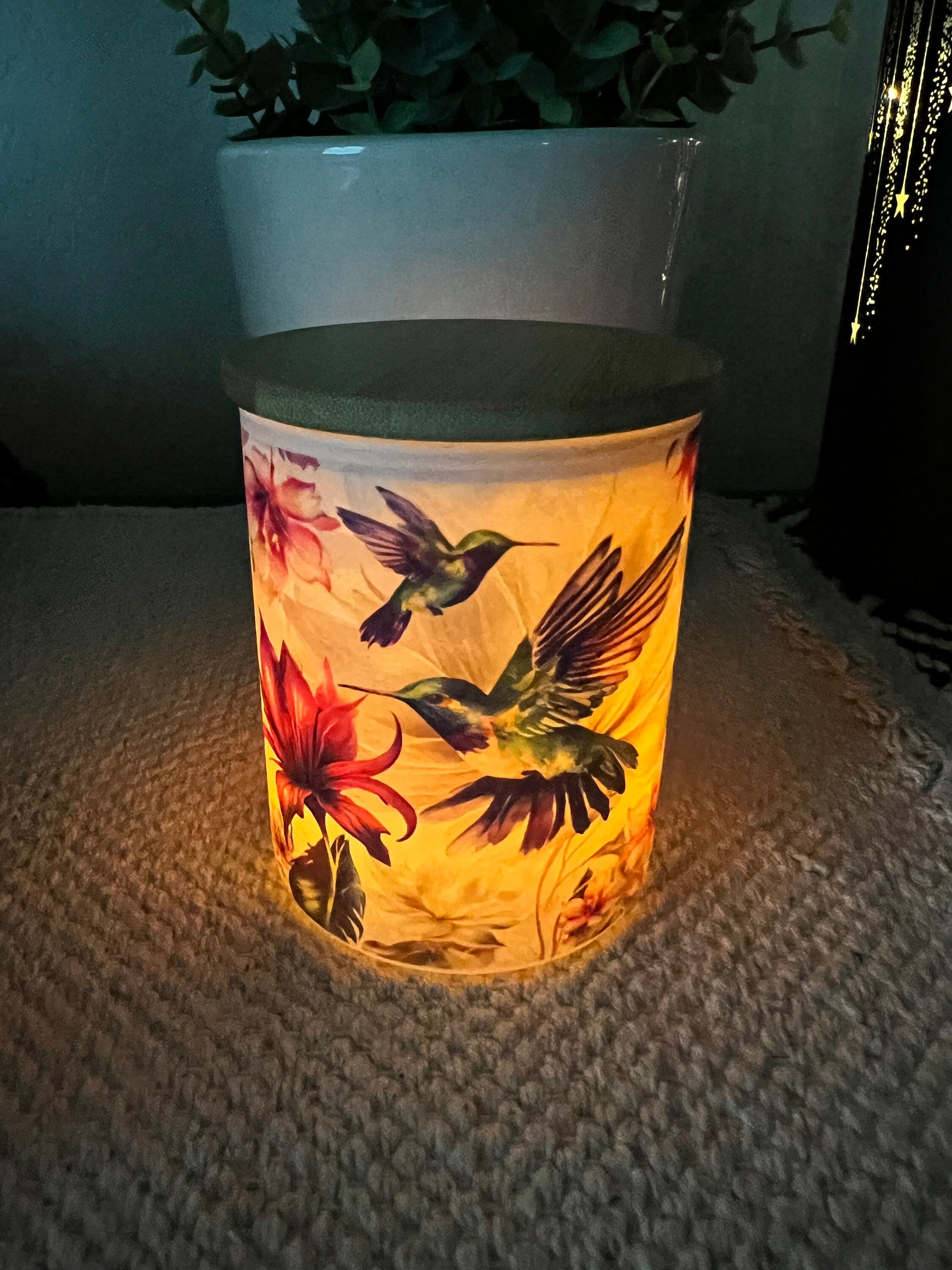 Hummingbirds Candle jar with tea light. Candle Jar- Votive Candle Holder,tea light holder, trinket jar-makeup brush holder-pencil holder