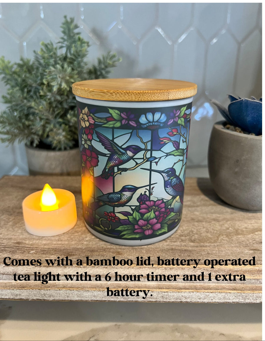 Stained Glass Hummingbird Battery Operated Tea Light Candle Jar-Candle Holder-Votive candle-trinket jar