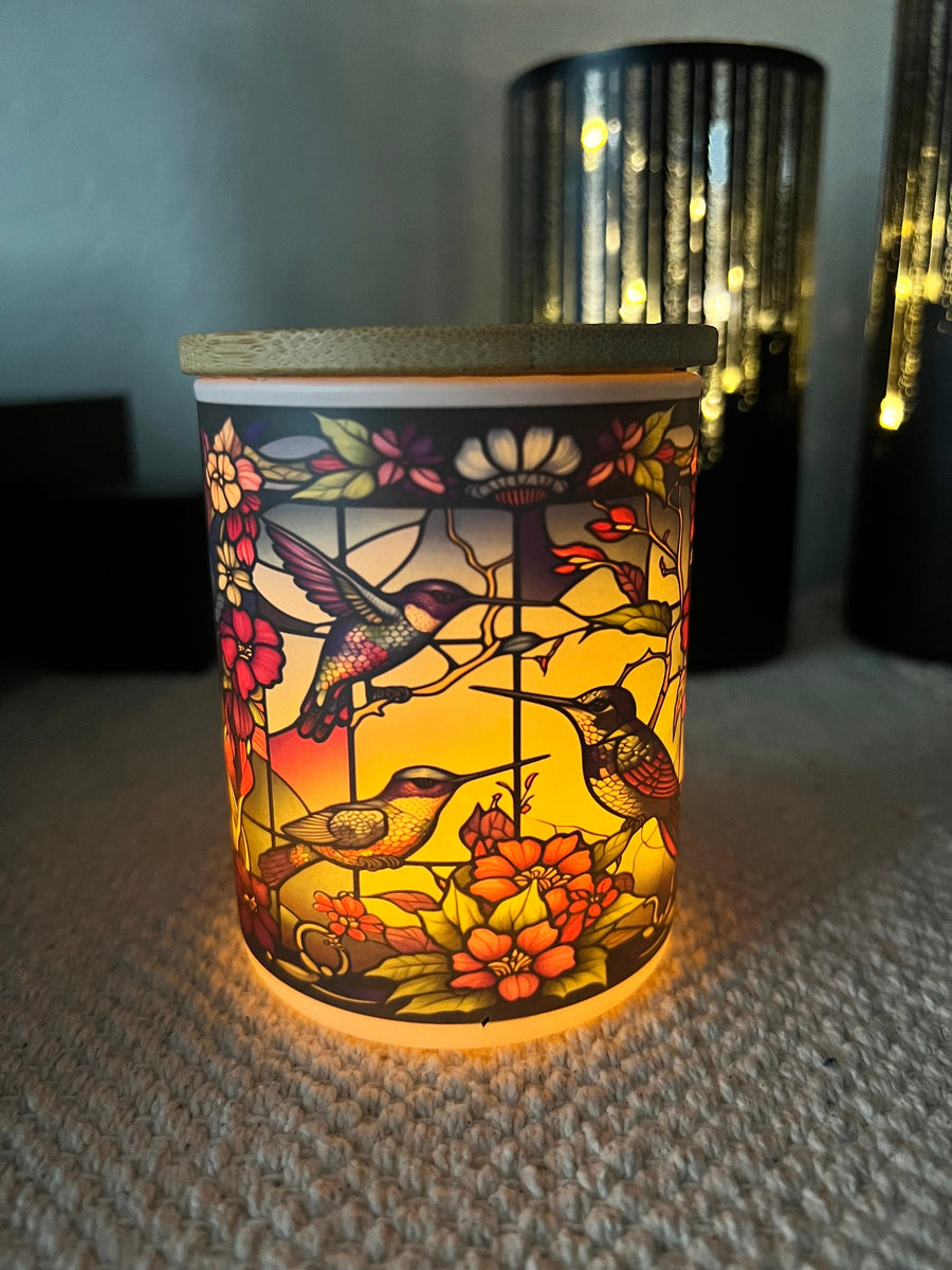 Stained Glass Hummingbird Battery Operated Tea Light Candle Jar-Candle Holder-Votive candle-trinket jar