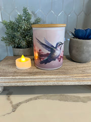 Pink Hummingbird Candle jar with tea light. Candle Jar- Votive Candle Holder,tea light holder, trinket jar-makeup brush holder-pencil holder