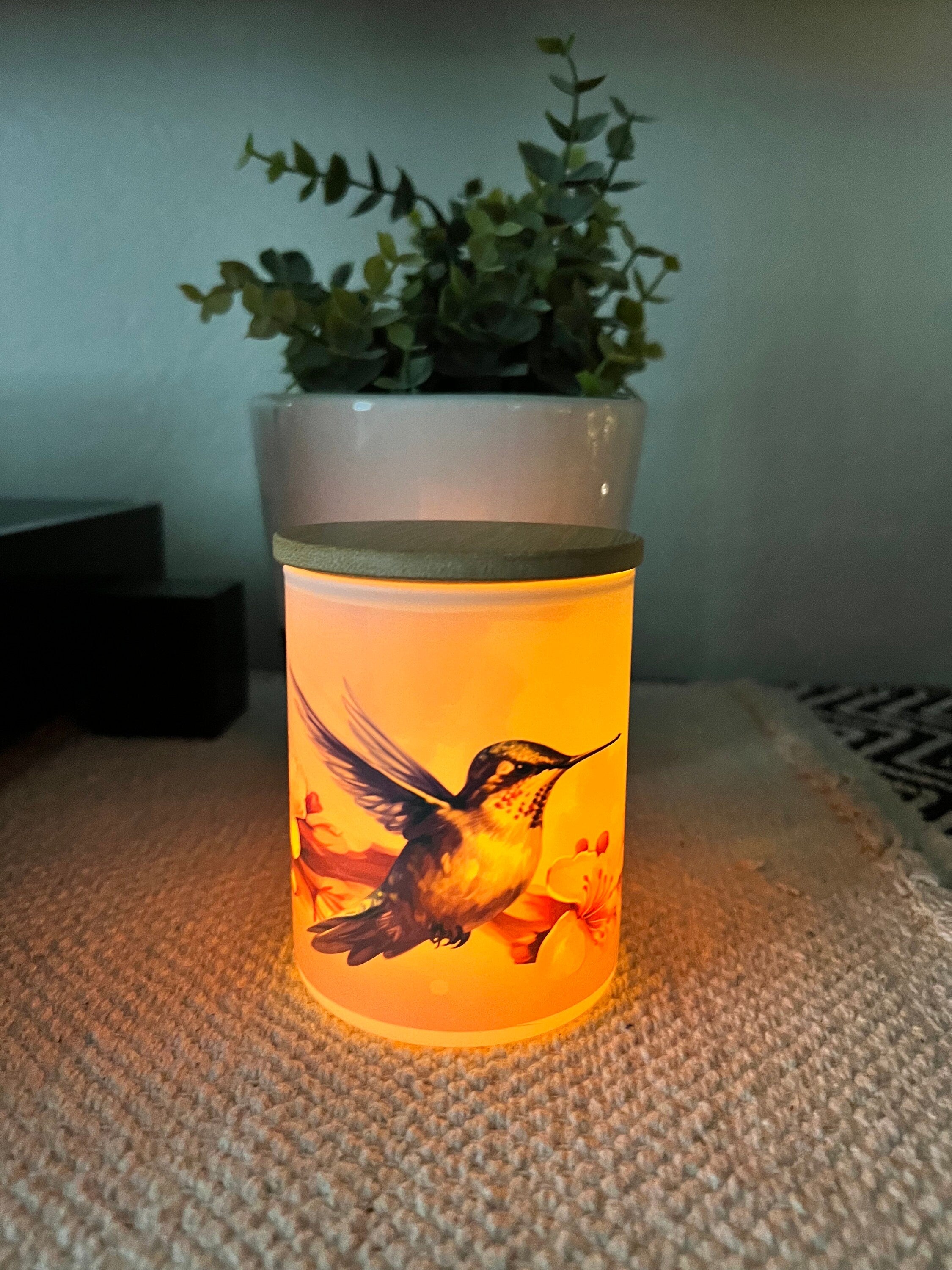 Pink Hummingbird Candle jar with tea light. Candle Jar- Votive Candle Holder,tea light holder, trinket jar-makeup brush holder-pencil holder