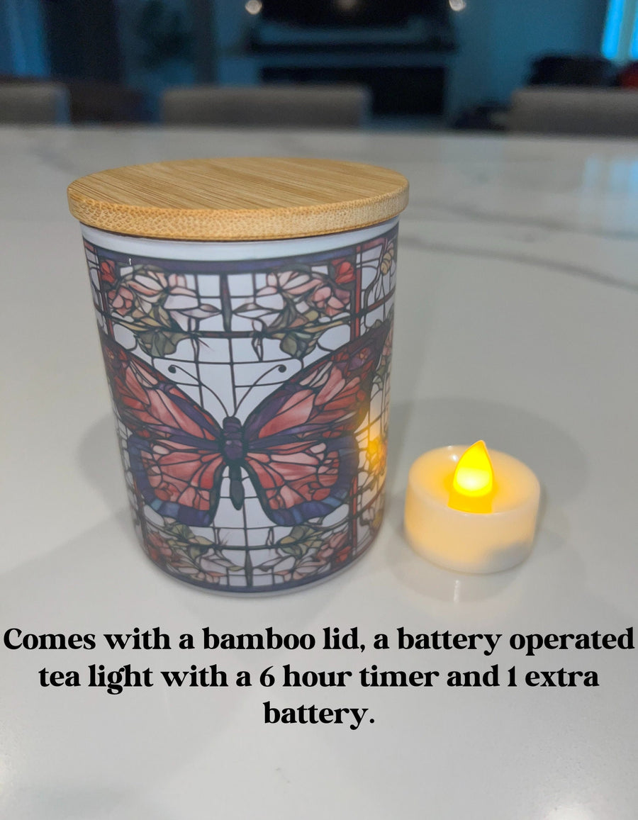 Stained Glass Butterfly Candle jar with tea light. Candle Holder-Votive Candle Holder,Battery Operated Tea Light Holder, trinket jar