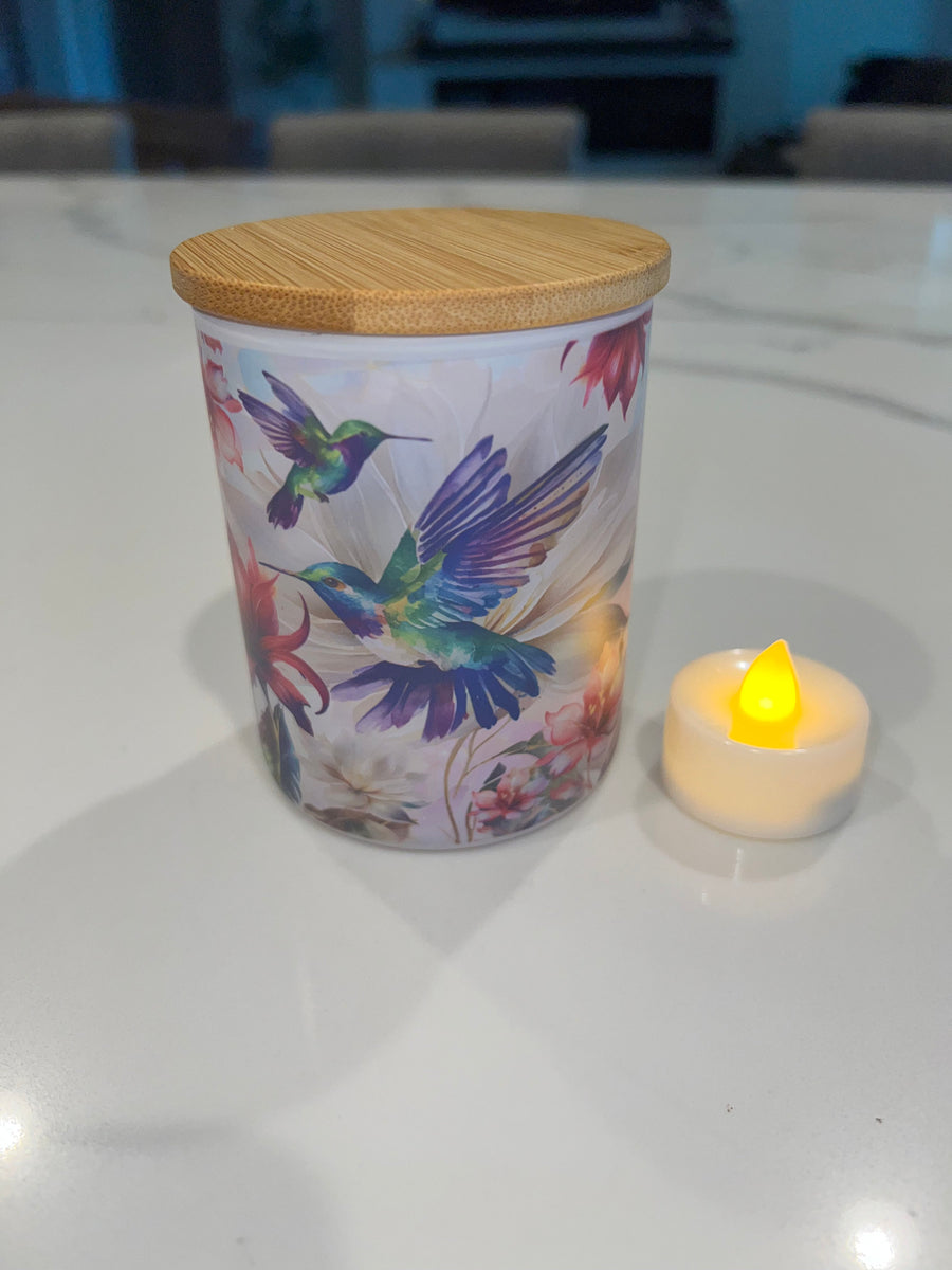 Hummingbirds Candle jar with tea light. Candle Jar- Votive Candle Holder,tea light holder, trinket jar-makeup brush holder-pencil holder